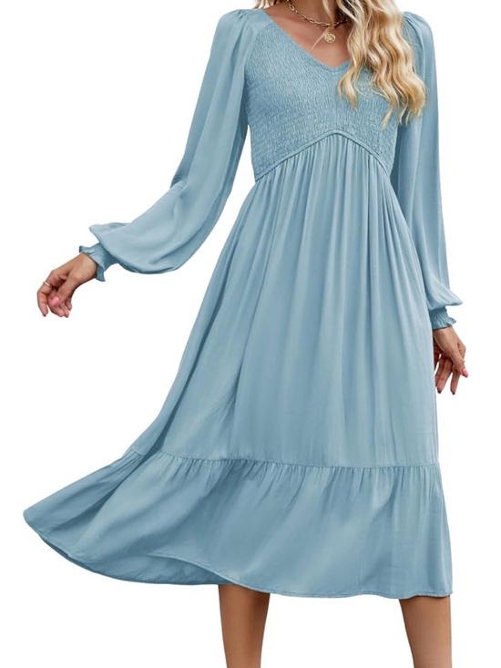 Dresses & Skirts - Light Blue Smocked V-Neck Long Sleeve Midi Dress